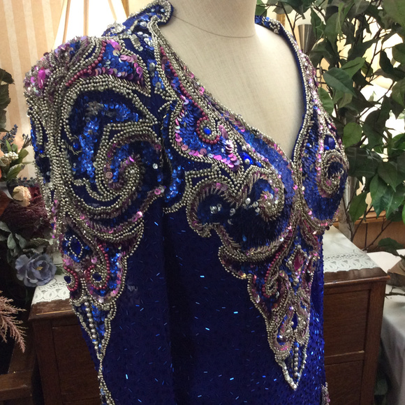 SOLD ... More Pics of Glitzy Silk Blue Sequin Gown - Picture 5 of 8
